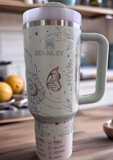 Authentic Stanley 40oz Quencher Tumbler | Laser Engraved Pink Floral Butterfly Design