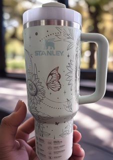 Authentic Stanley 40oz Quencher Tumbler | Laser Engraved Pink Floral Butterfly Design