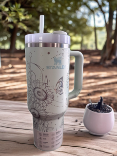 Authentic Stanley 40oz Quencher Tumbler | Laser Engraved Pink Floral Butterfly Design