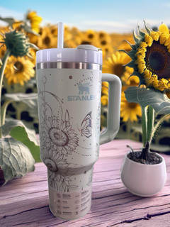 Authentic Stanley 40oz Quencher Tumbler | Laser Engraved Pink Floral Butterfly Design