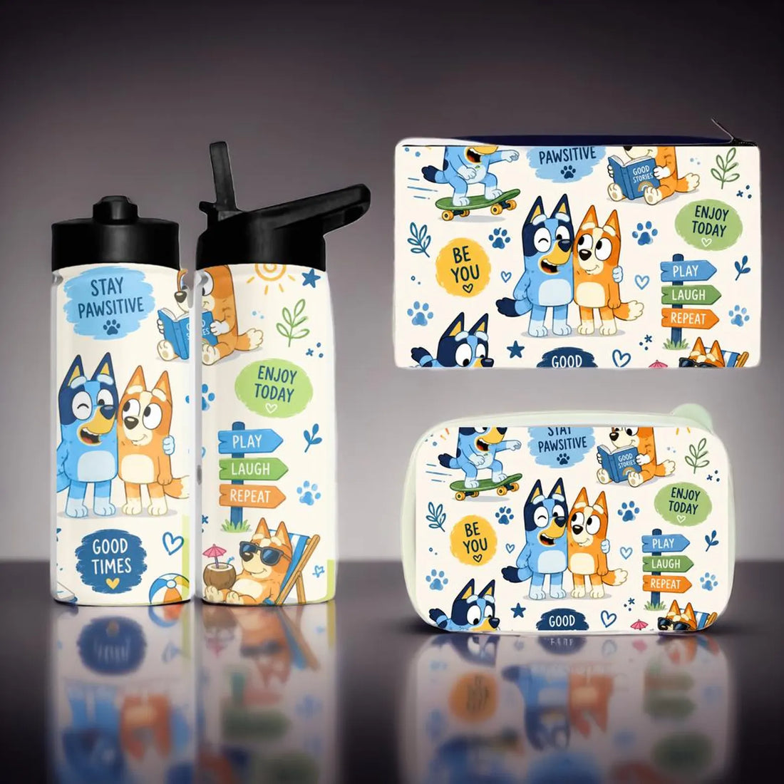 Bluey Cartoon Dog School Bundle | Kids Tumbler, Lunch Box, Pencil Pouch