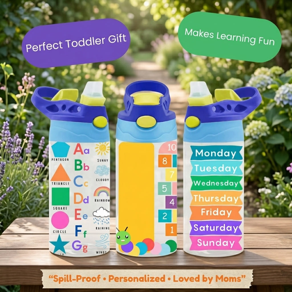 Educational Kids Water Bottle: Alphabet, Shapes, Numbers, Days Learning Tumbler