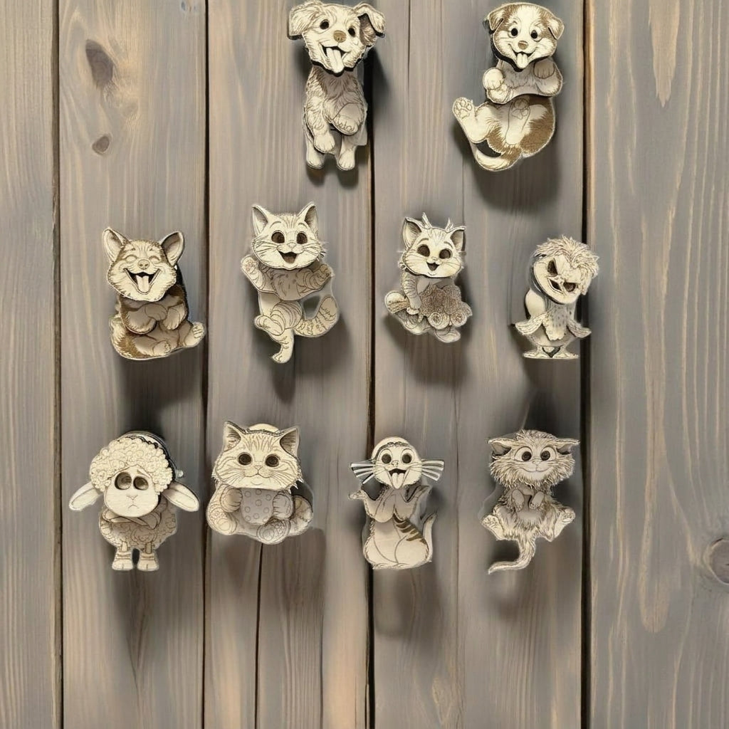 Interactive Wooden Animal Magnets | Handmade Wobble Cat Dog Farm Animals