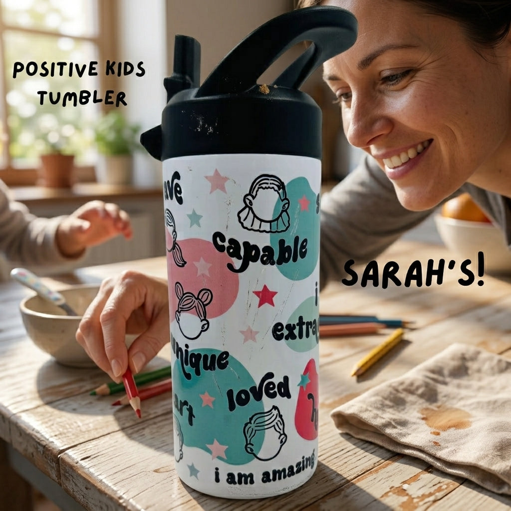 Kids Affirmation Water Bottle: Positive Quote Tumbler, Flip Top Lid (15oz)