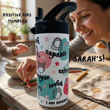 Kids Affirmation Water Bottle: Positive Quote Tumbler, Flip Top Lid (15oz)