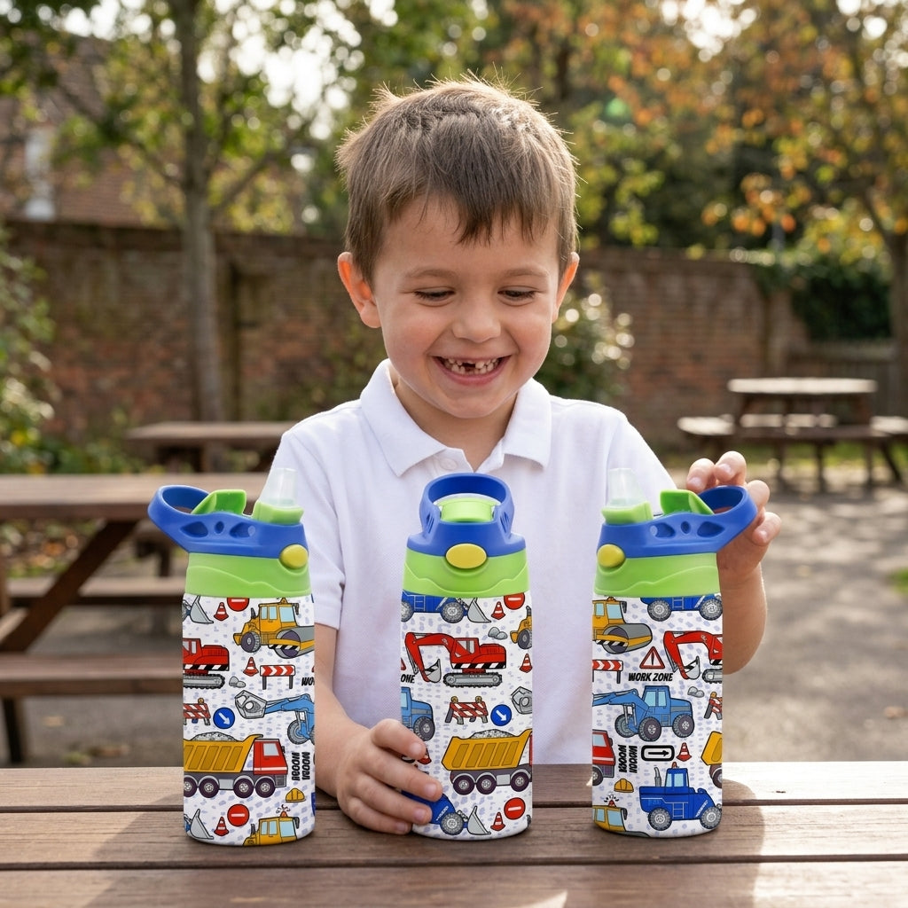 Kids Construction Tumbler, Personalized Dump Truck Water Bottle, Spill Proof Flip Top Cup