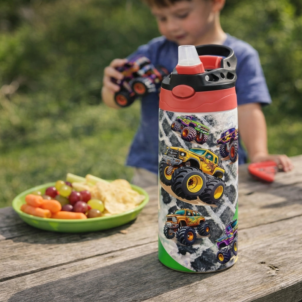 Kids Monster Truck Tumbler with Straw: Personalized Toddler Cup Spill Proof (Flip Top)
