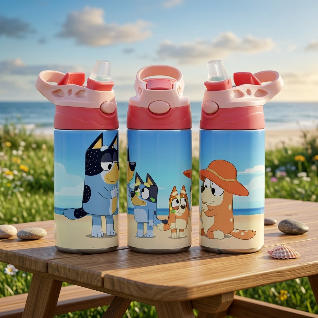 Kids Blue Heeler Cartoon Dog Tumbler with Straw: Spill Proof Water Bottle