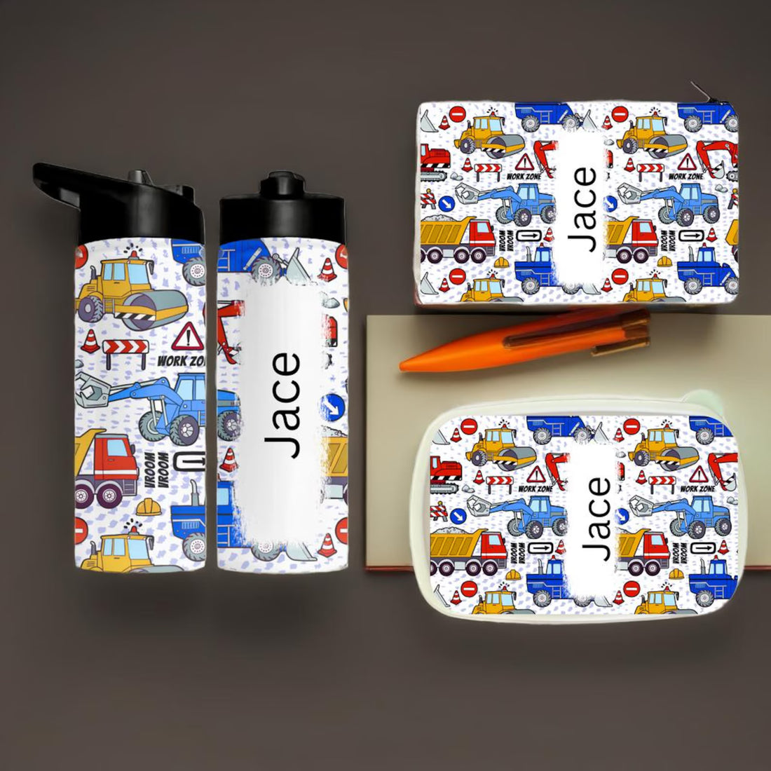 Personalized Construction Tumbler, Lunch Box, Pencil Pouch | Dump Truck School Se