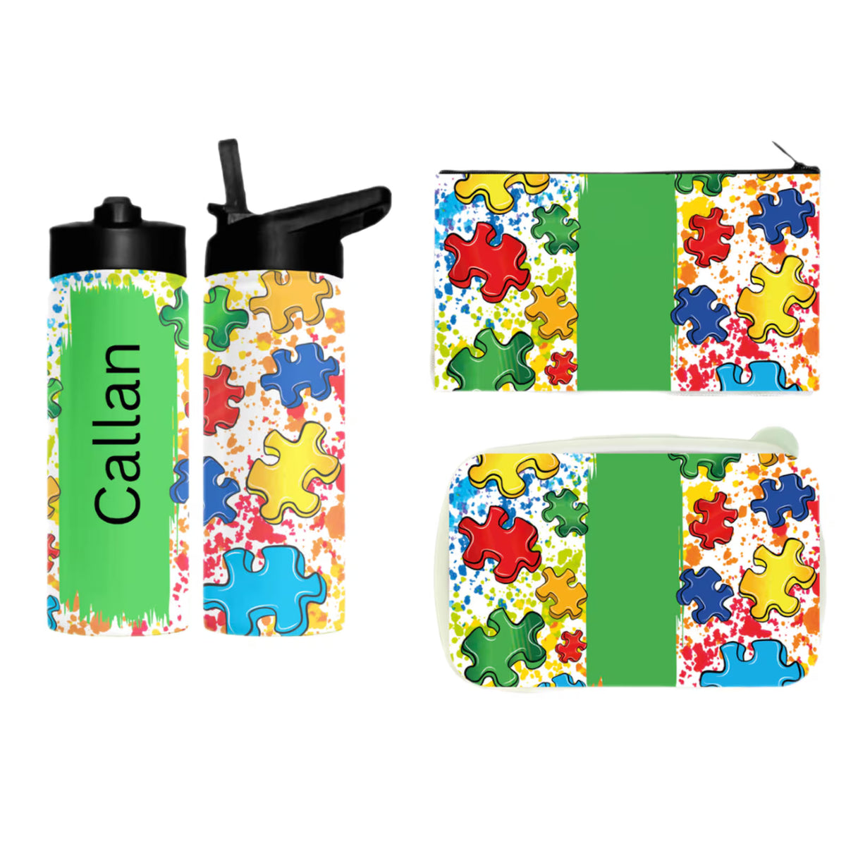 Personalized Puzzle Design School Bundle | Water Bottle, Lunch Box, Pencil Case (Green/Blue)