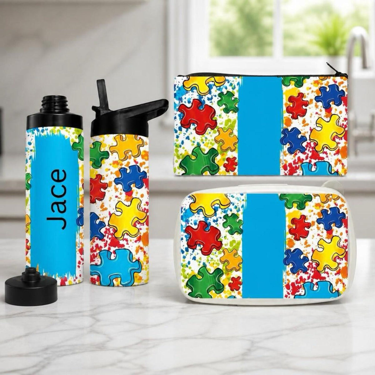 Personalized Puzzle Design School Bundle | Water Bottle, Lunch Box, Pencil Case (Green/Blue)