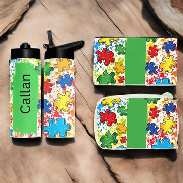 Personalized Puzzle Design School Bundle | Water Bottle, Lunch Box, Pencil Case (Green/Blue)