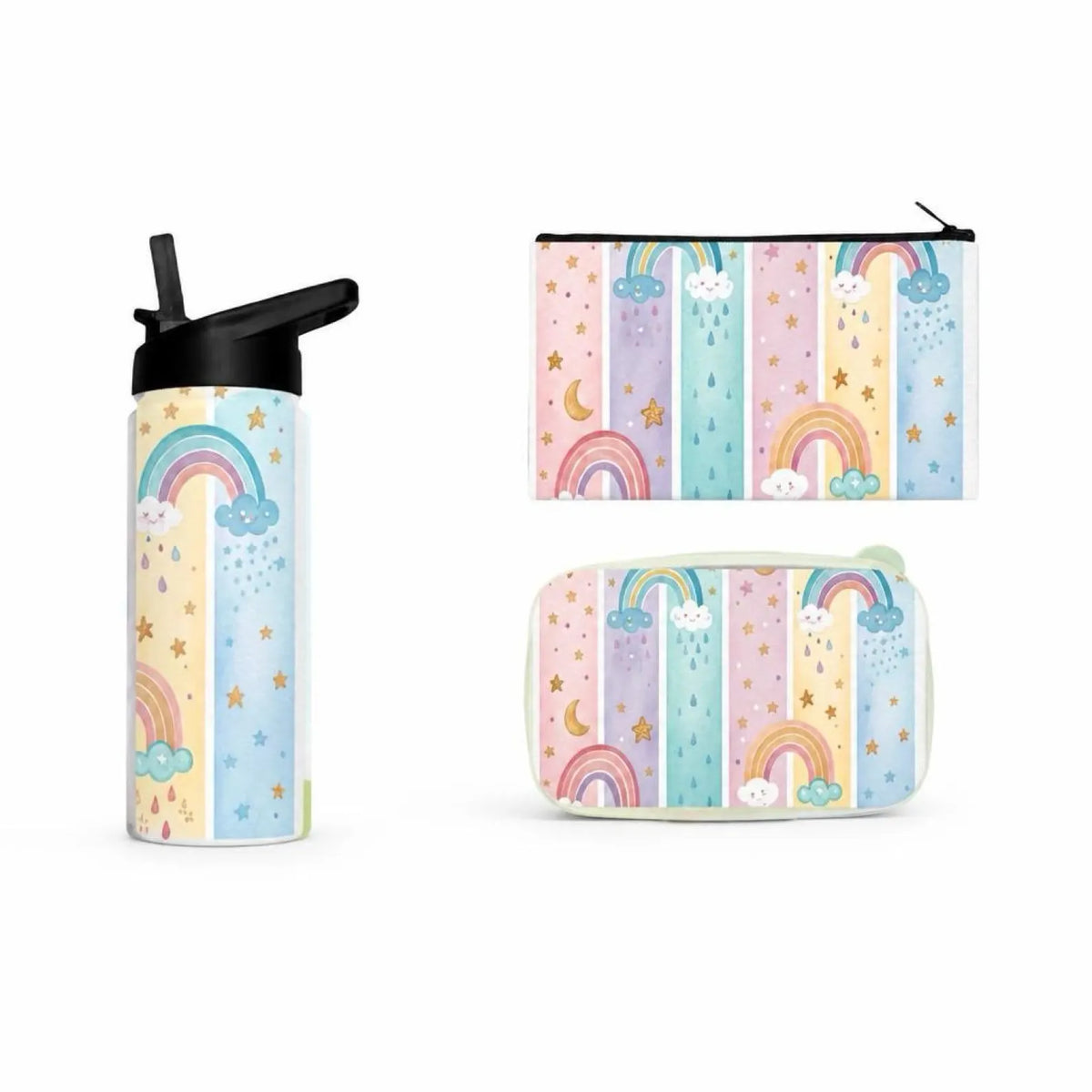 Personalized Rainbow School Bundle: Water Bottle, Lunch Bag, Pencil Pouch Set