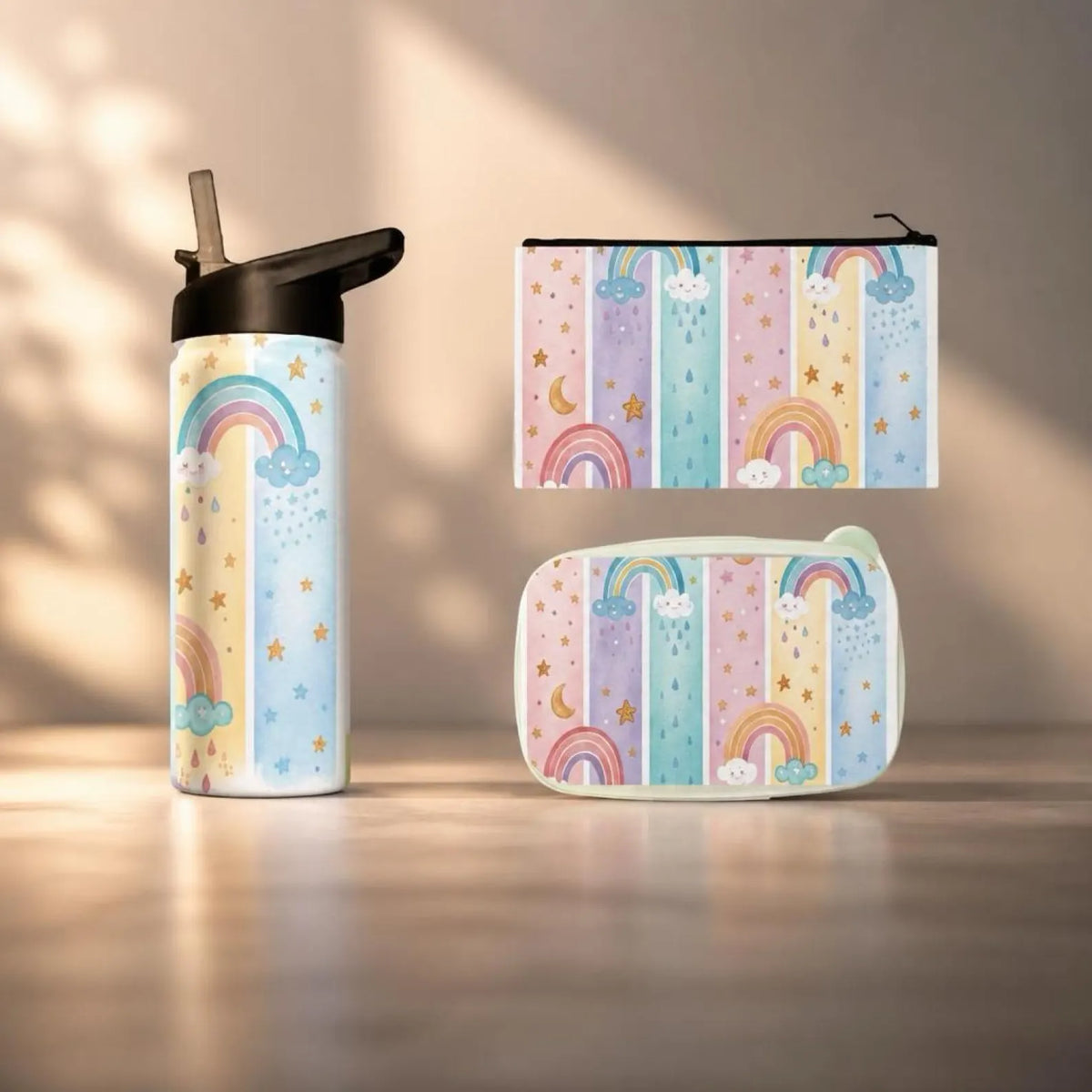 Personalized Rainbow School Bundle: Water Bottle, Lunch Bag, Pencil Pouch Set