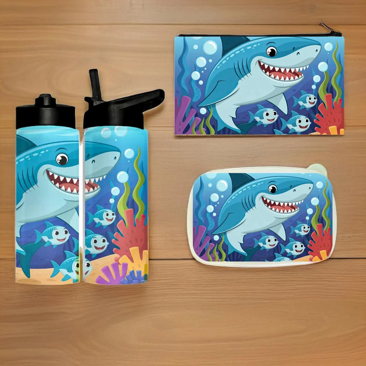 Personalized Shark Tumbler, Lunch Box, Pencil Pouch | Ocean School Set