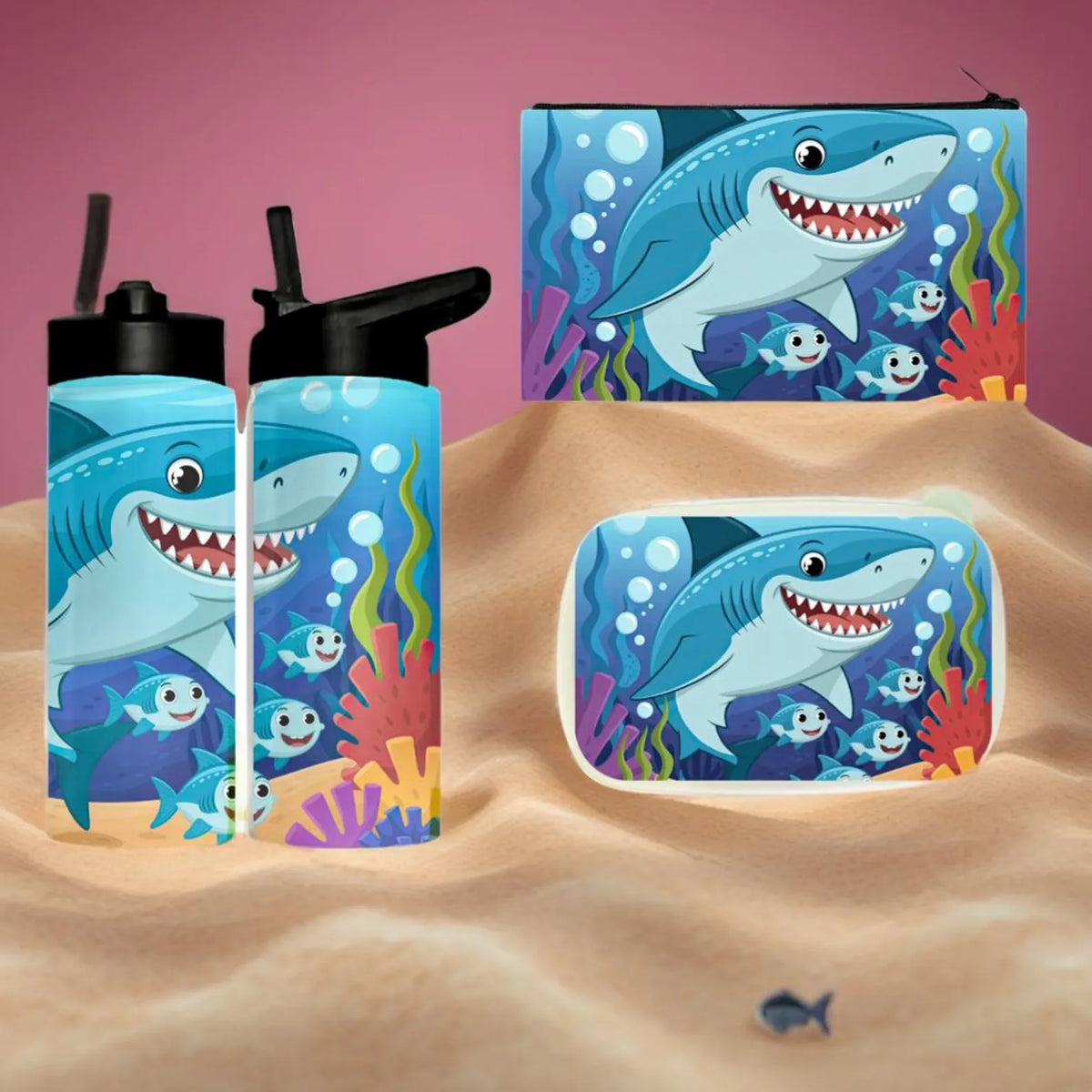 Personalized Shark Tumbler, Lunch Box, Pencil Pouch | Ocean School Set