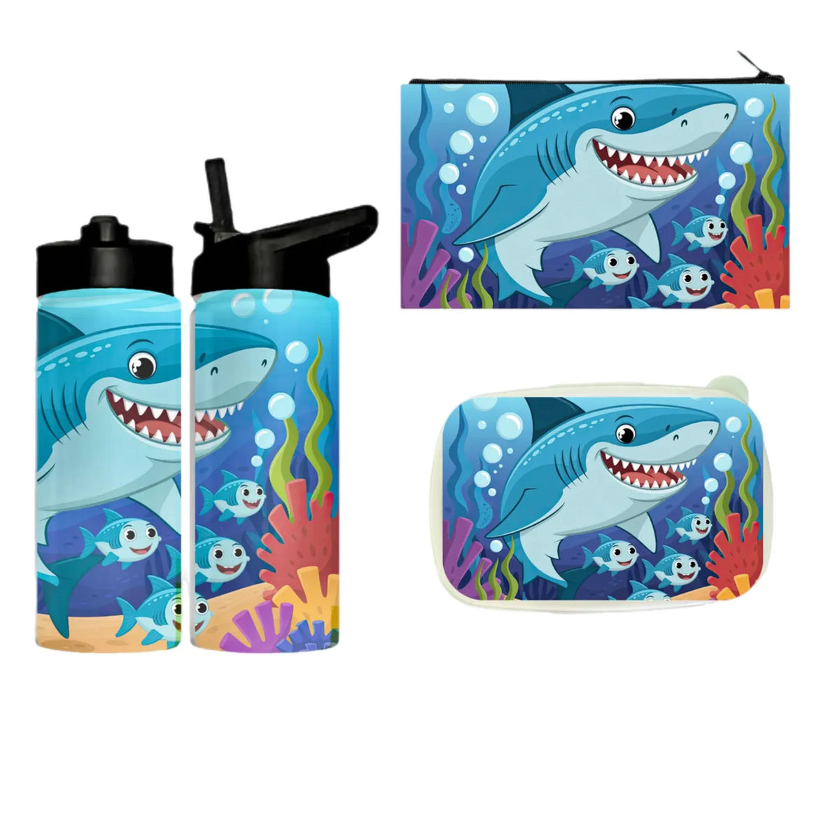 Personalized Shark Tumbler, Lunch Box, Pencil Pouch | Ocean School Set