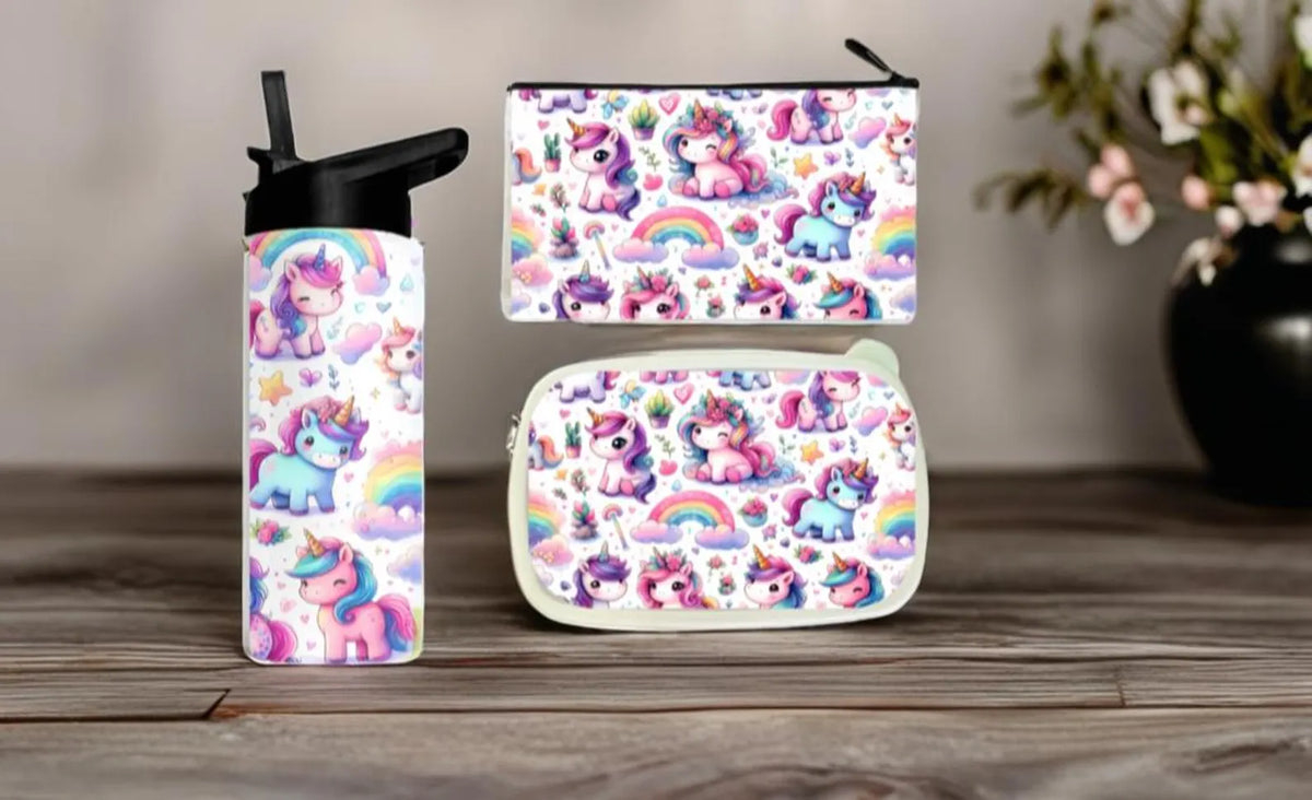 Personalized Unicorn Tumbler, Lunch Box, Pencil Pouch Set | Back to School Rainbow Unicorns