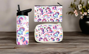 Personalized Unicorn Tumbler, Lunch Box, Pencil Pouch Set | Back to School Rainbow Unicorns