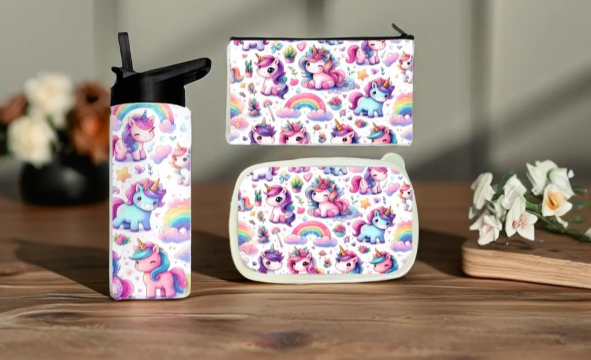 Personalized Unicorn Tumbler, Lunch Box, Pencil Pouch Set | Back to School Rainbow Unicorns