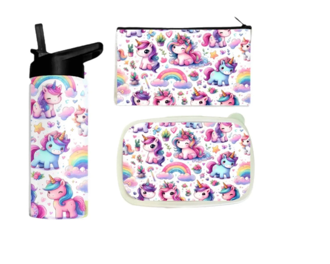 Personalized Unicorn Tumbler, Lunch Box, Pencil Pouch Set | Back to School Rainbow Unicorns