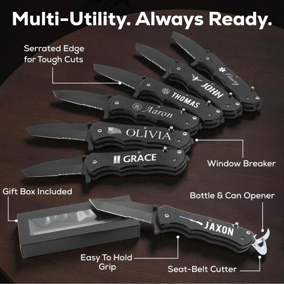 Personalized Tactical Pocket Knife: Engraved Stainless Steel Survival Tool with Seatbelt Cutter, Window Breaker