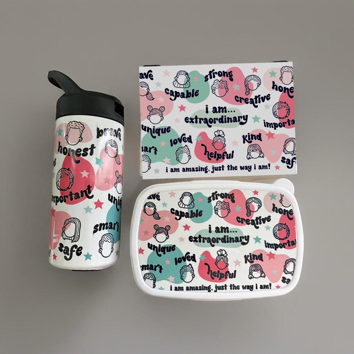 Positive Affirmation Bento Box, Tumbler, Pencil Pouch Set | Kids School Confidence Bundle