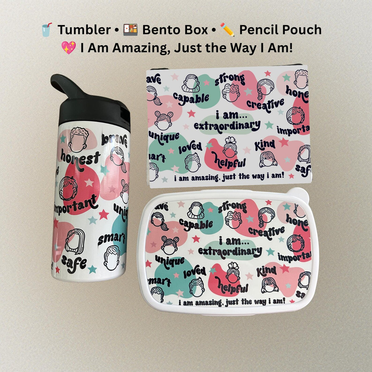 Positive Affirmation Bento Box, Tumbler, Pencil Pouch Set | Kids School Confidence Bundle