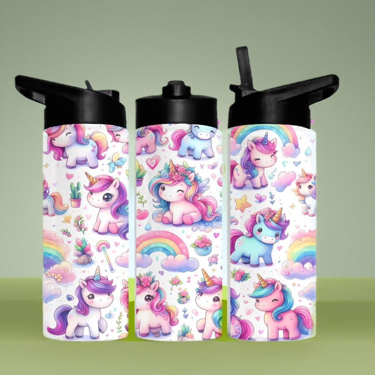 Unicorn Kids Tumbler | Rainbow Insulated Water Bottle with Straw