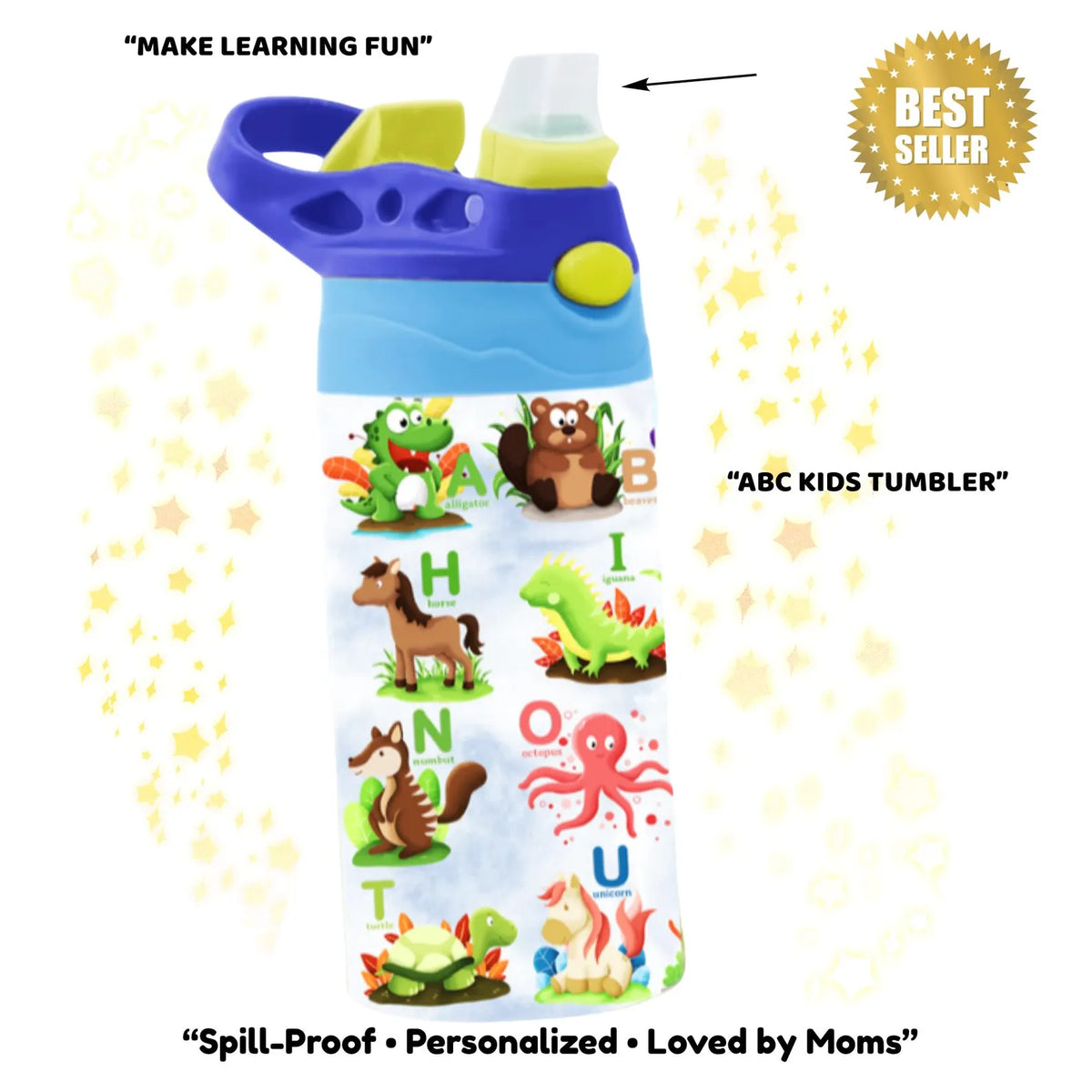 Kids Alphabet Flip Top Tumbler: ABC Learning Toddler Cup, Spill Proof Water Bottle
