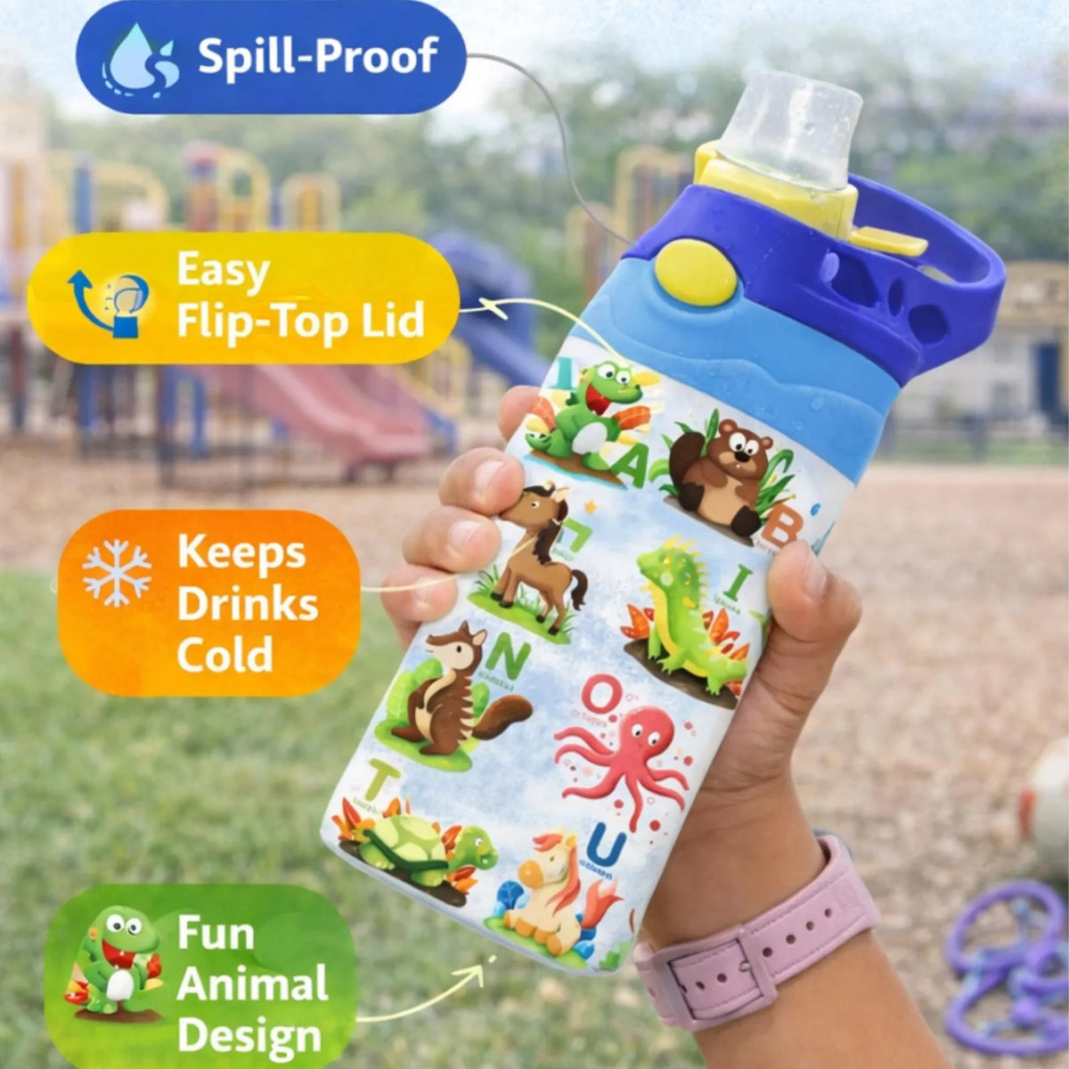 Kids Alphabet Flip Top Tumbler: ABC Learning Toddler Cup, Spill Proof Water Bottle
