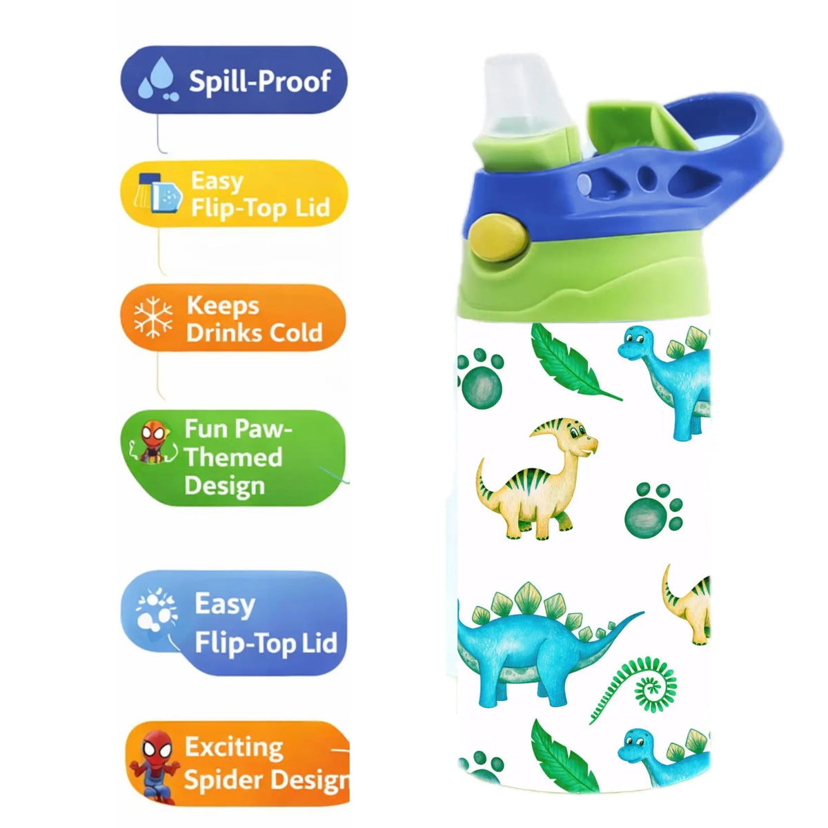 Personalized Dinosaur Kids Tumbler with Straw, Spill-Proof Toddler Water Bottle