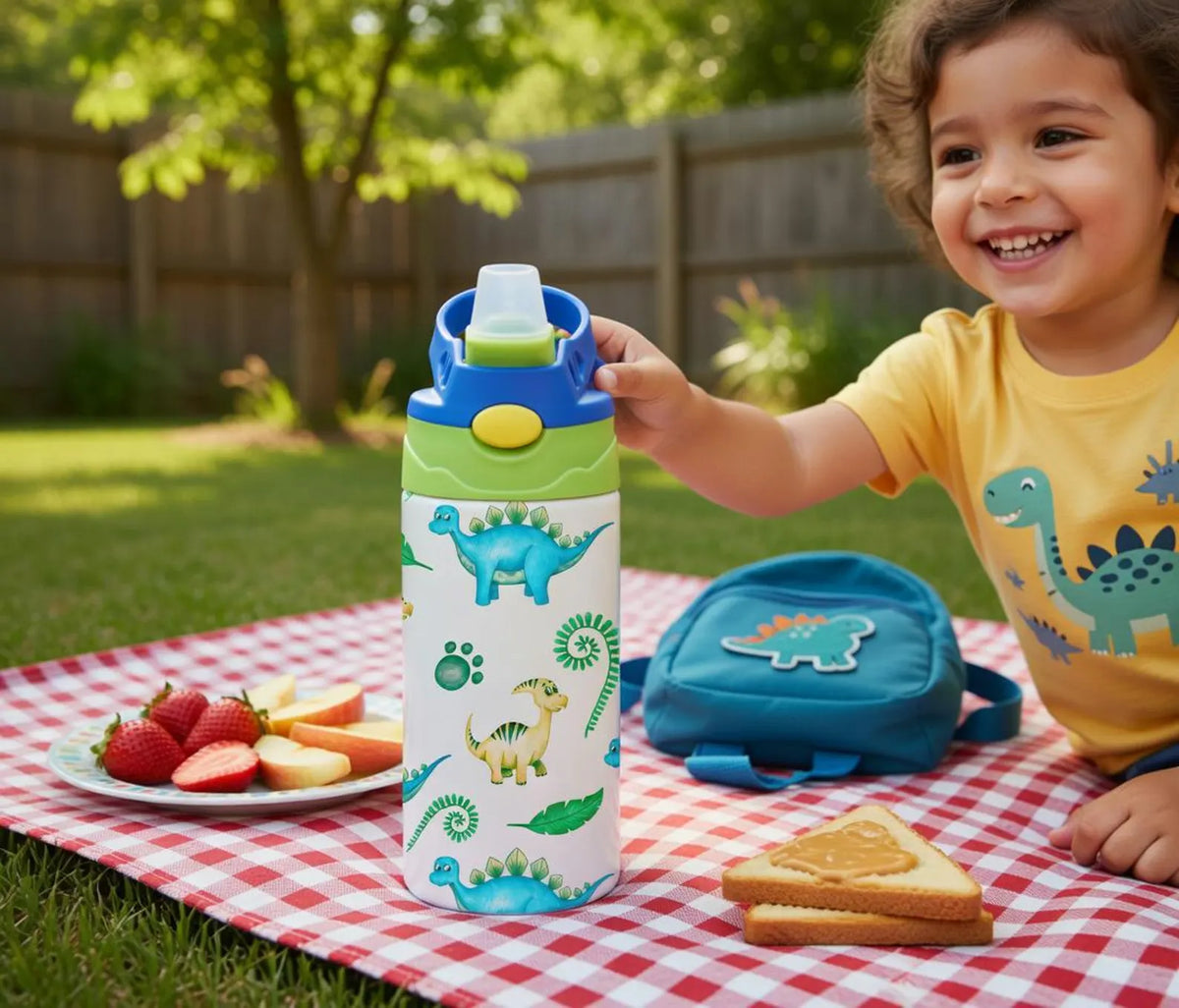 Personalized Dinosaur Kids Tumbler with Straw, Spill-Proof Toddler Water Bottle