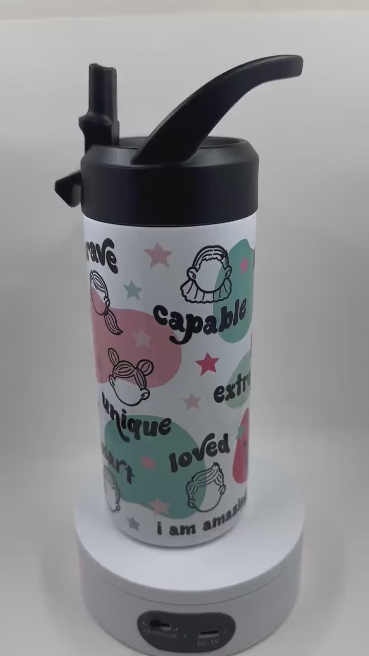 Kids Affirmation Water Bottle: Positive Quote Tumbler, Flip Top Lid (15oz)